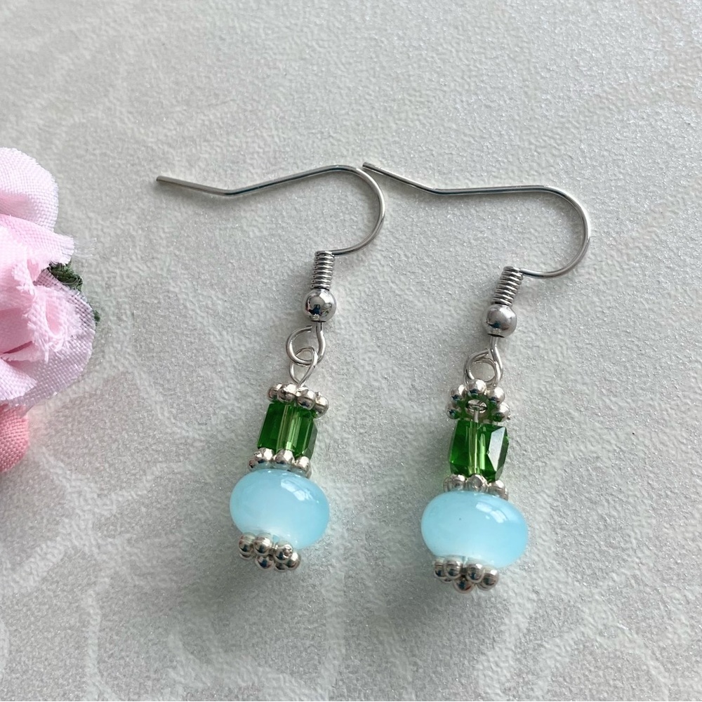 Delicate Blue glass & Green crystal Bead Drop Earrings